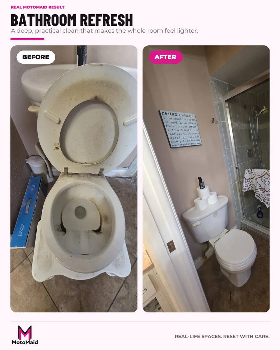 Before and after of a detailed bathroom refresh completed by MotoMaid.