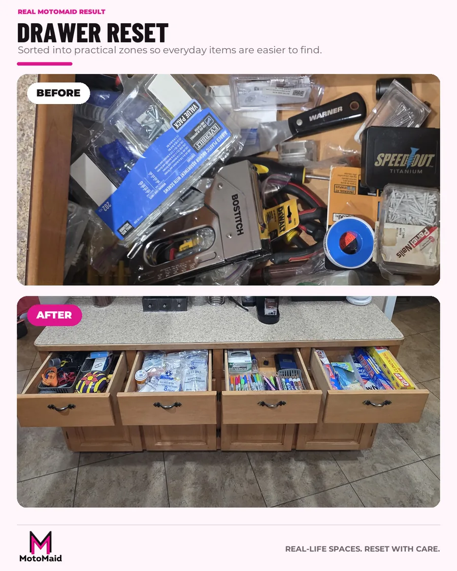 Before and after of an organized kitchen drawer reset completed by MotoMaid.