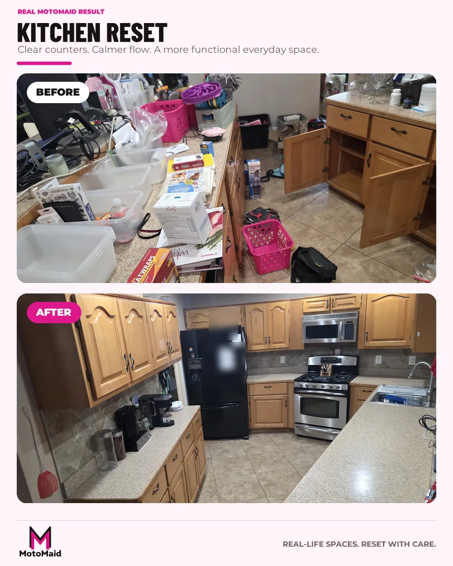 Before and after of a full kitchen reset completed by MotoMaid.